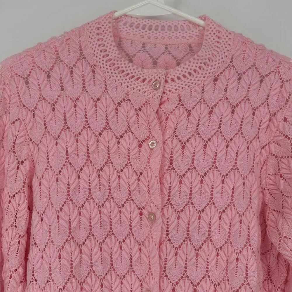 Vintage Knit Cardigan Womens SMALL Lace Crochet Button Up Sweater 90s Retro - Picture 2 of 9